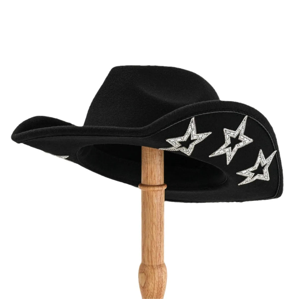 Beige woolen felt Western top hat with a conical crown and a decorative hexagonal star on the front.
