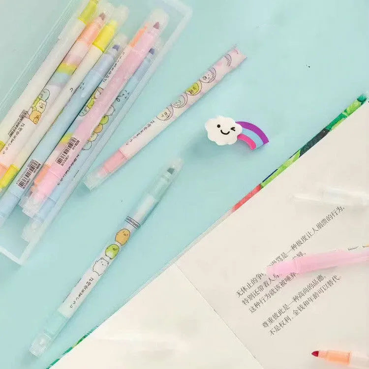 Erasable highlighter pen, plastic body, 16cm length, assorted colours on white background