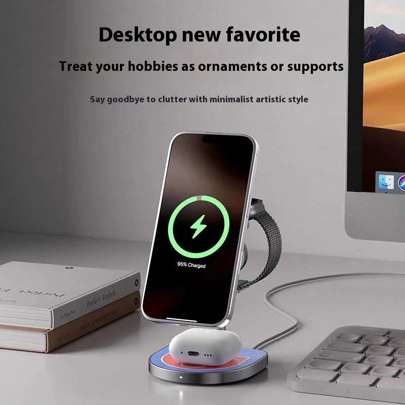 Three-in-one basketball magnetic wireless charger with aluminium alloy body in black, red blue, and silver grey for iPhone, Apple Watch, and AirPods