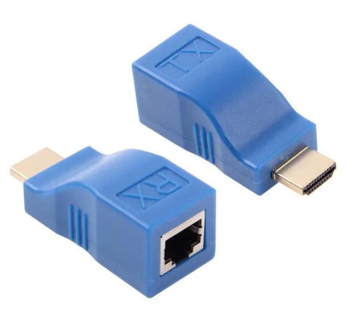 HDMI extender transmitter and receiver unit pair for signal extension over CAT-5e network cable