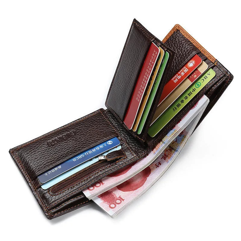 Men's brown leather three-fold wallet open, showing card slots, zip coin pocket, and photo window.