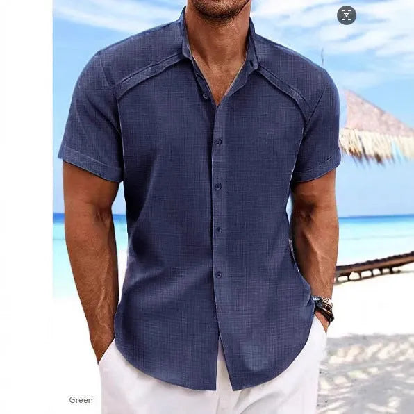 Hawaiian casual short sleeve solid colour shirt in cotton blend fabric