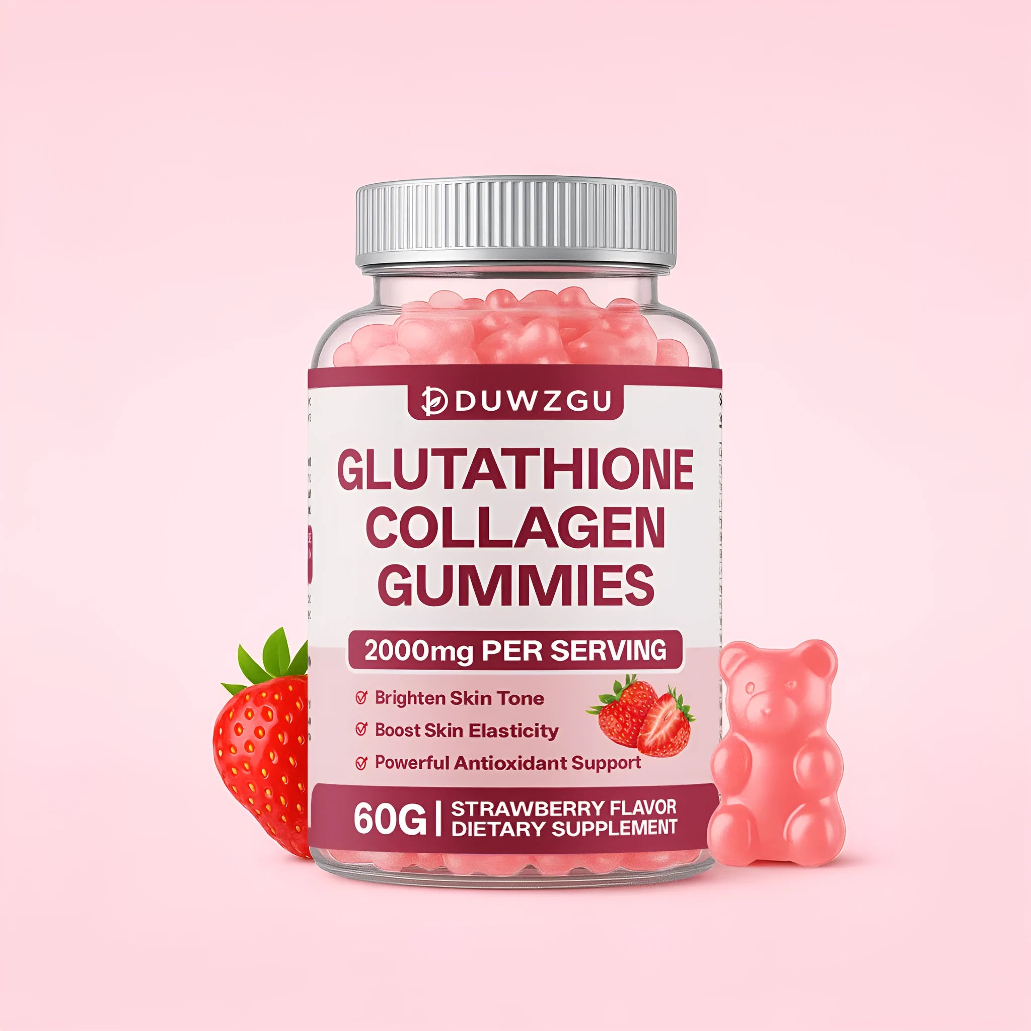 Bottle of glutathione soft candy gummies with 60 tablets for daily antioxidant support