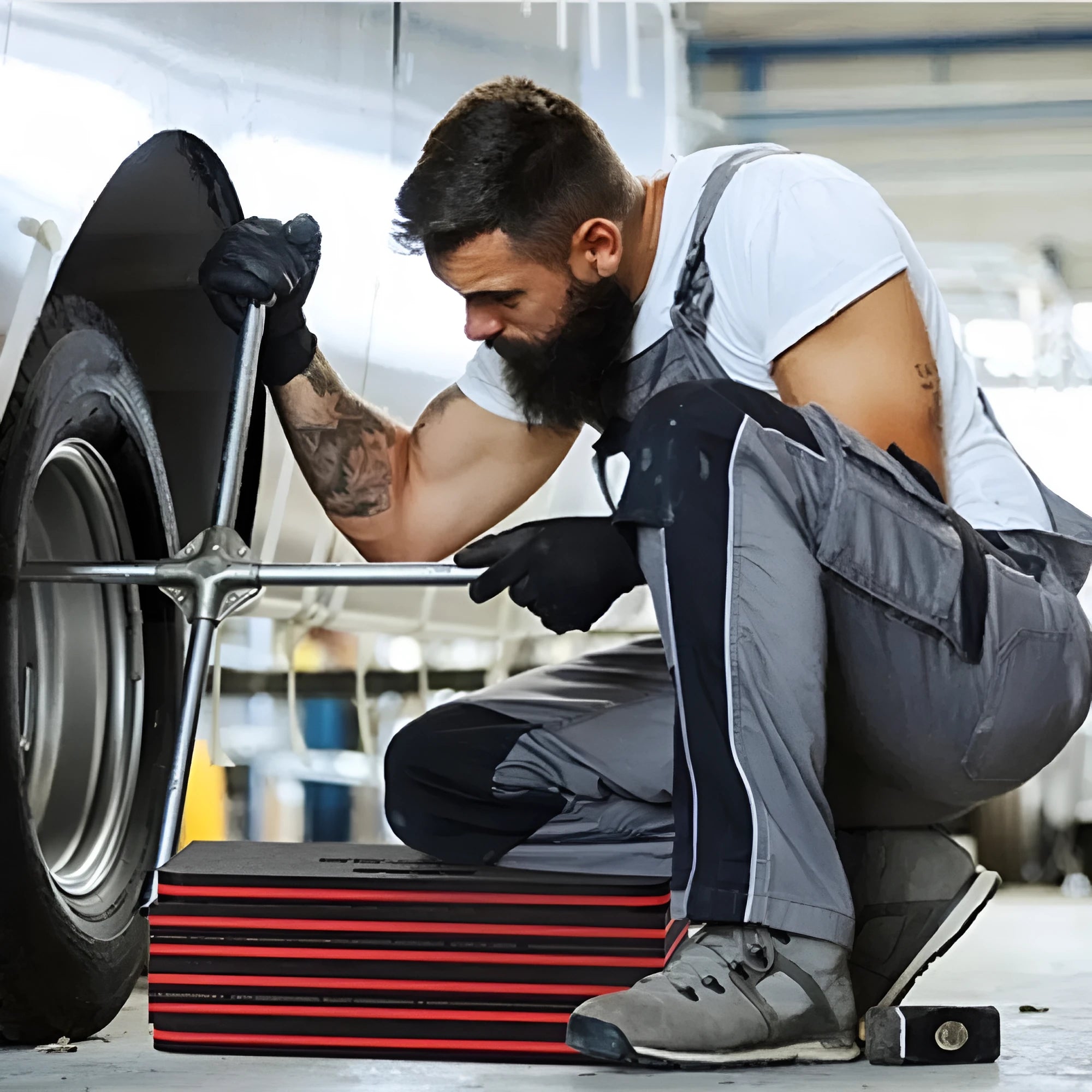 Large grey folding EVA foam kneeling mat shown open on a garage floor.