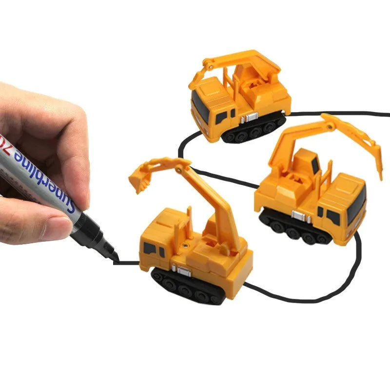 Mini magic pen inductive tank car toy with optical sensor follows drawn line on white paper