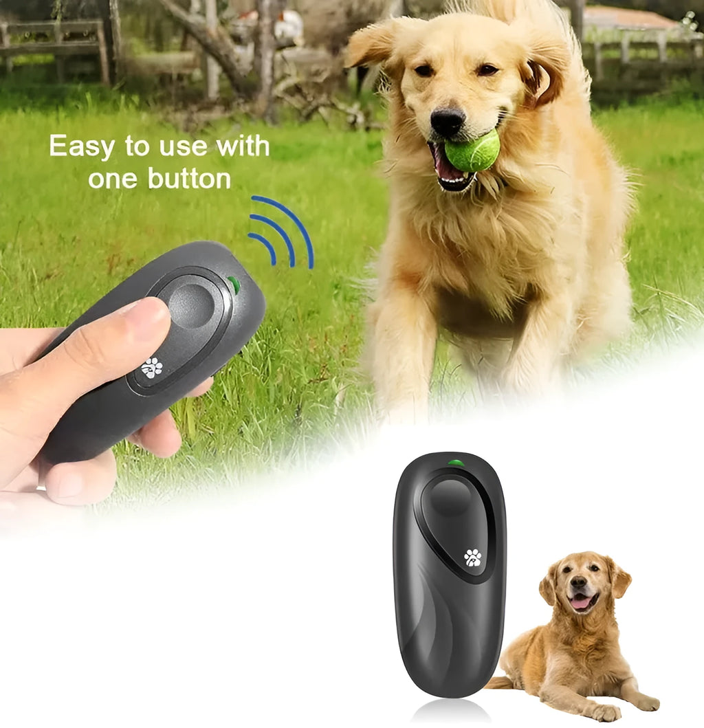 Handheld ultrasonic dog repeller in black, ABS material, with transmit button and frequency dial