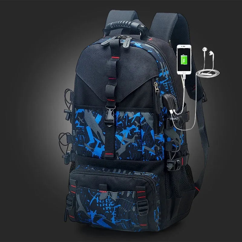 Men's large waterproof Oxford cloth hiking backpack in camouflage colour with chest bag.