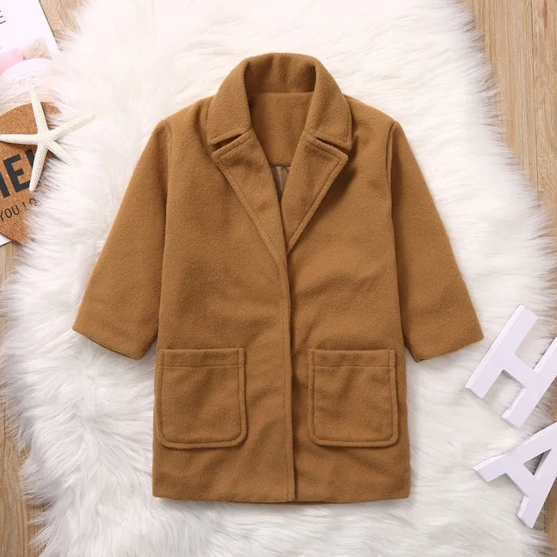 Brown children's woolen coat with suit collar and long sleeves for toddlers 1-3 years