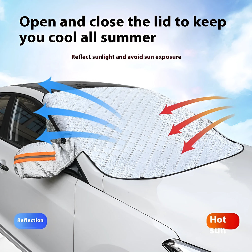 Large aluminium foil winter car cover with reflective stripes and magnets for SUV frost protection.