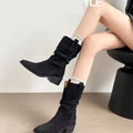 Women's cowhide matte leather mid-heel pleated autumn boots in black, round toe, rubber sole