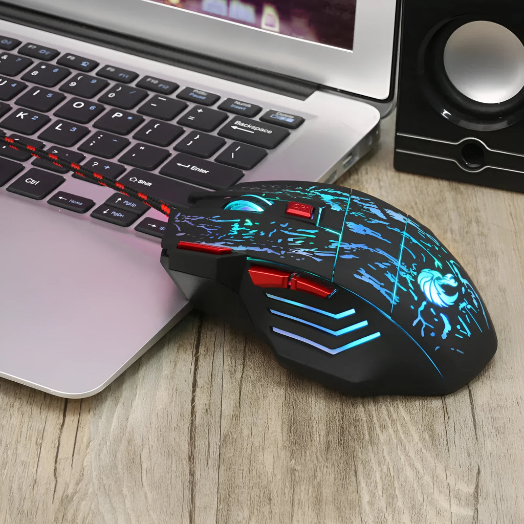 H300BK colour wired gaming mouse with luminous LED lighting effects showing USB cable connection