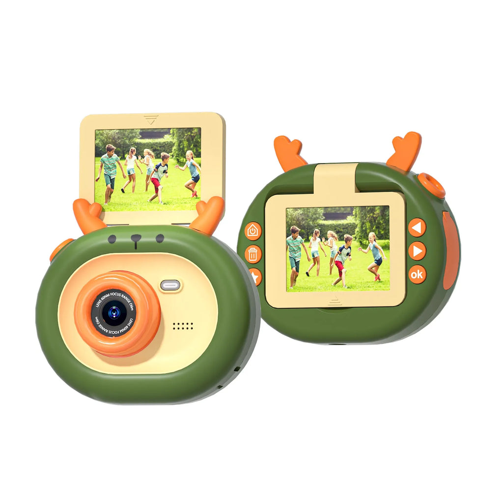 Purple children's digital camera with flip screen and attached silicone case lanyard on a cartoon map.