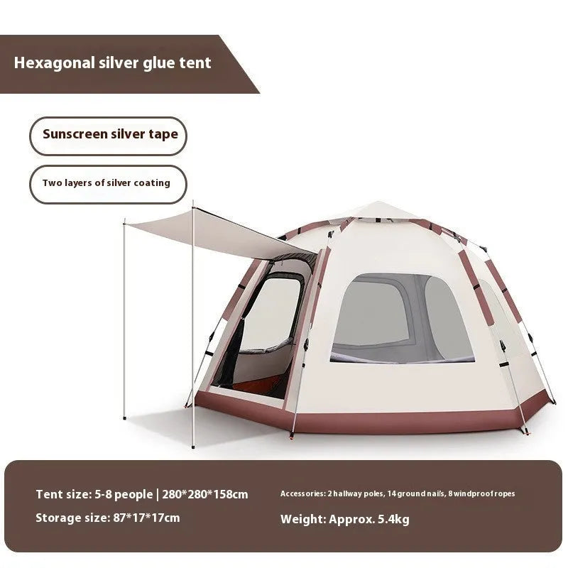 Beige outdoor camping tent, large hexagonal automatic tent 280x240x155cm, windproof waterproof anti mosquito