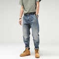 Men's retro straight-leg jeans in blue 100% cotton denim with mid-rise waist and zipper fly