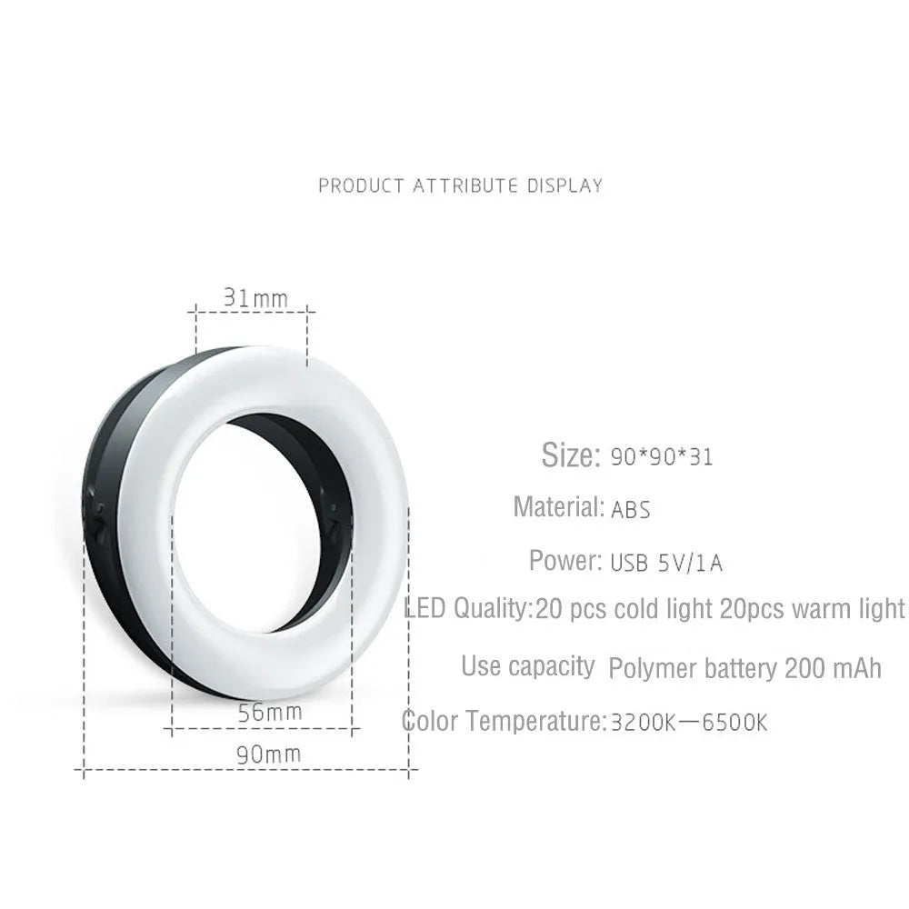 Black portable LED ring light for mobile phone photography with USB cable.