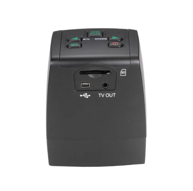 14 megapixel film scanner with 2.4 inch LCD screen showing a slide preview with USB cable