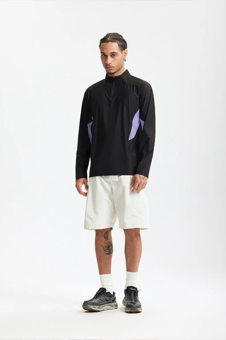 Men's solid-colour polyester top in black or beige with long sleeve and short sleeve options