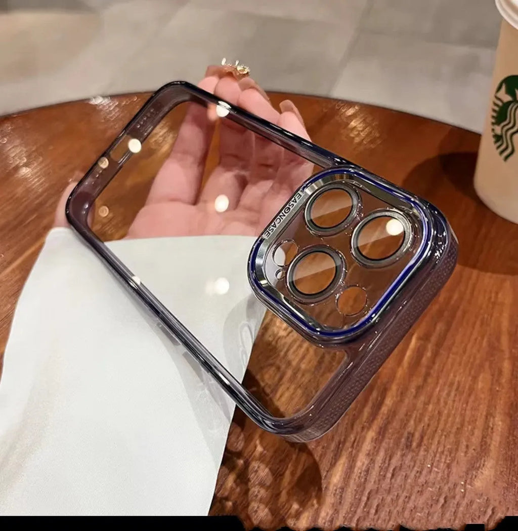 Freezing Point transparent acrylic phone case with embossed finish for iPhone, showing anti-fall all-inclusive design