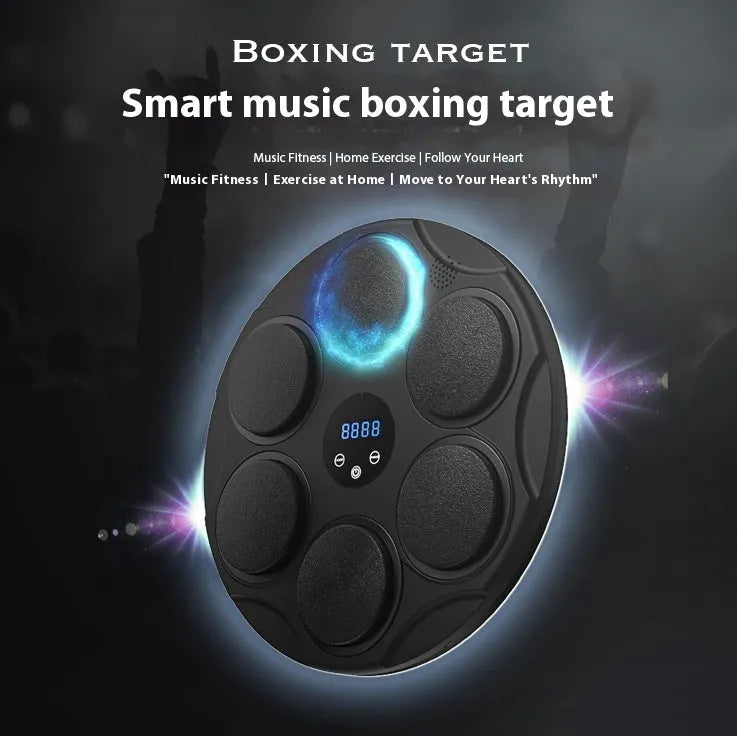 Black wall-mounted boxing target with coloured LED lights and Bluetooth connectivity for smart fitness training