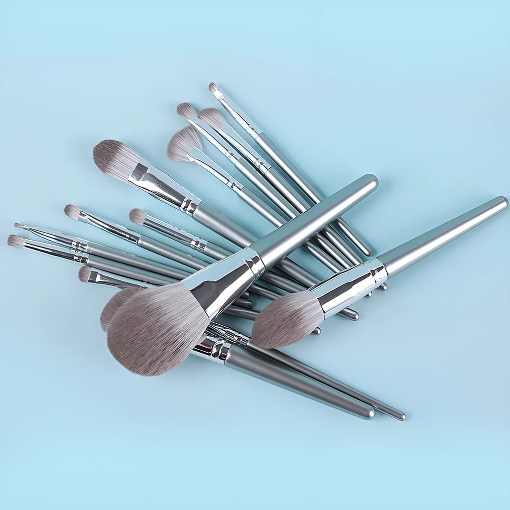 14 piece wooden handle makeup brush set with artificial fibre bristles and PU brush bag