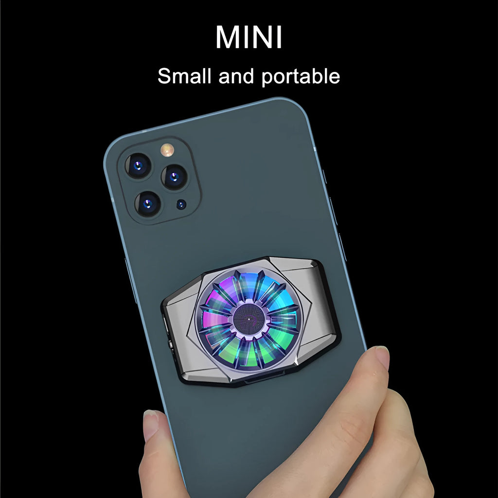 Phone magnetic radiator ABS game cooler with 300mAh battery in black, attached to smartphone