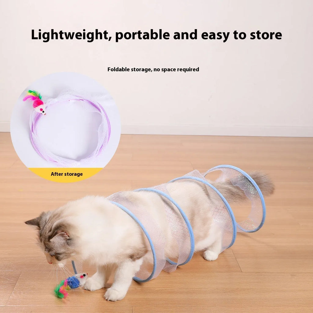 S-type collapsible cat tunnel toy with steel frame, elastic net, and feather attachments