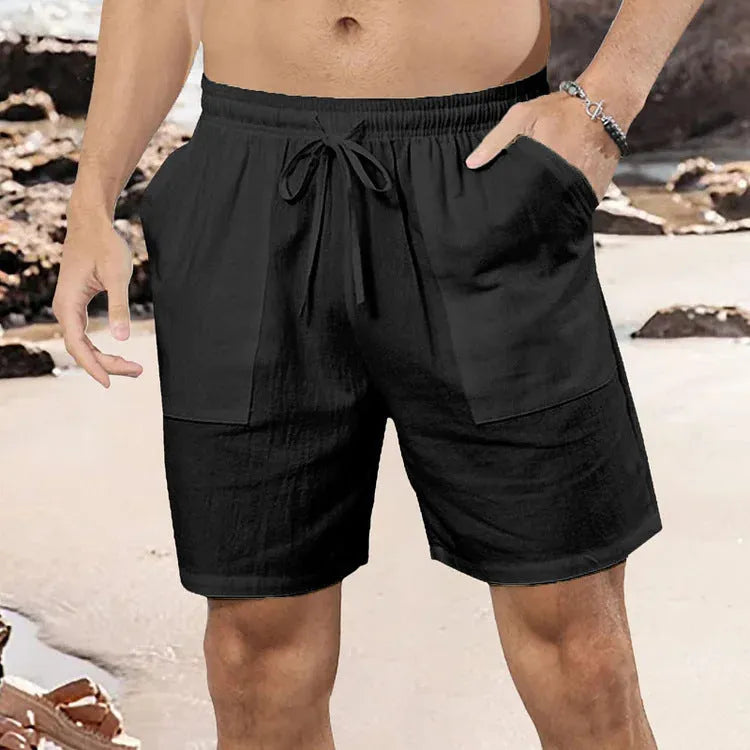 Men's straight leg linen shorts in light blue, black, white, khaki or light grey