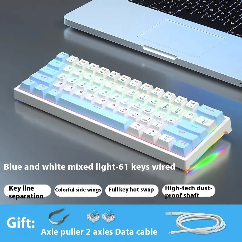 Compact bluish-black 61-key wired mechanical keyboard with hot-swappable switches on a desk.