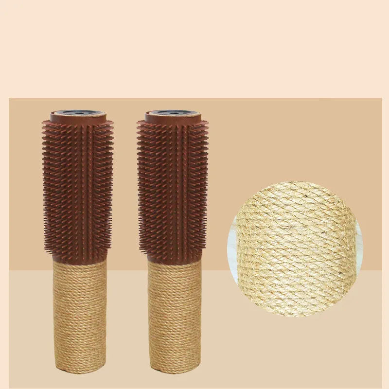Brown sisal scratching post for cats with attached face toy, 30cm tall