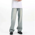 Blue retro-style loose casual trousers with an elastic waistband on a hanger.