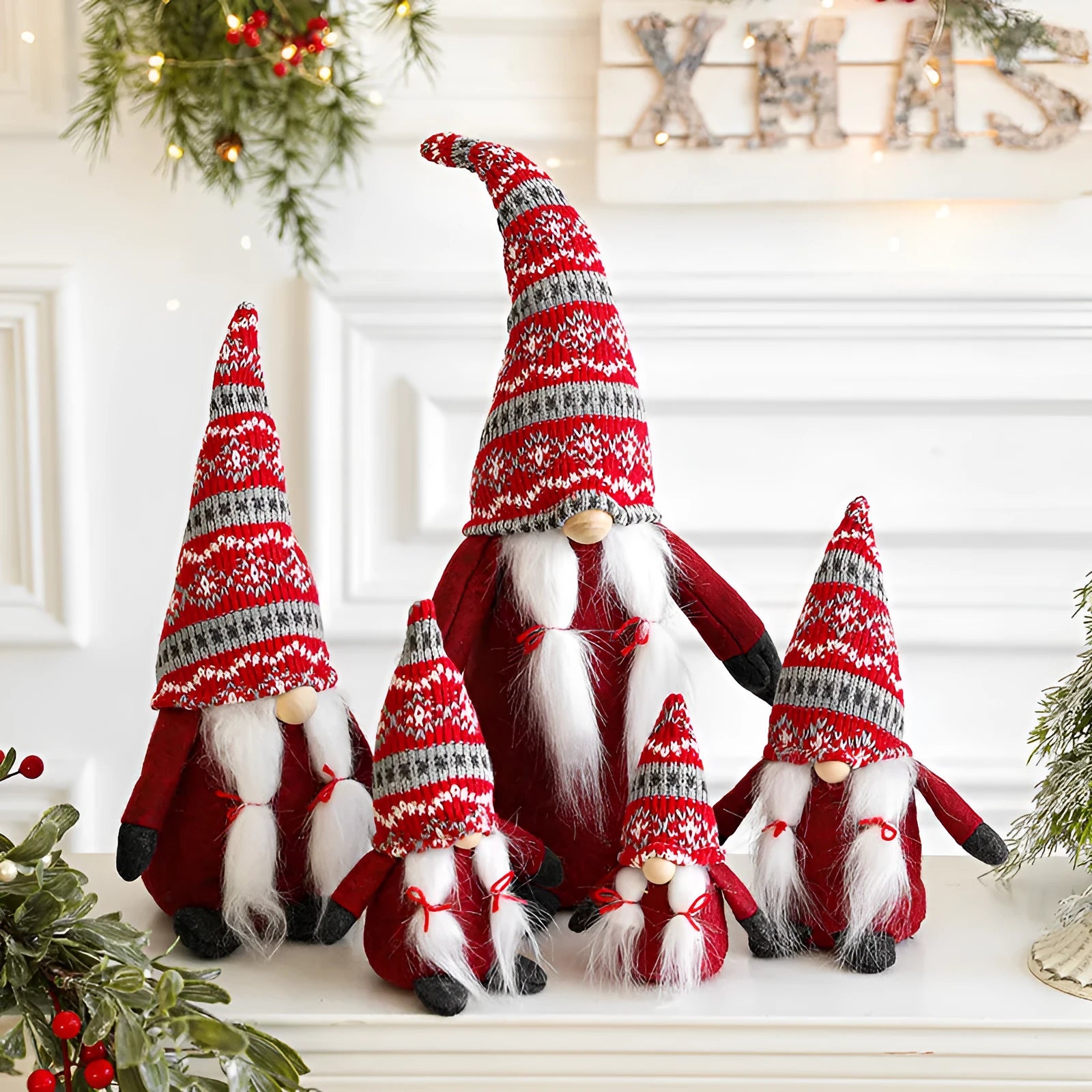 Cloth faceless Christmas Rudolf doll in red colour, standing decoration for holiday display