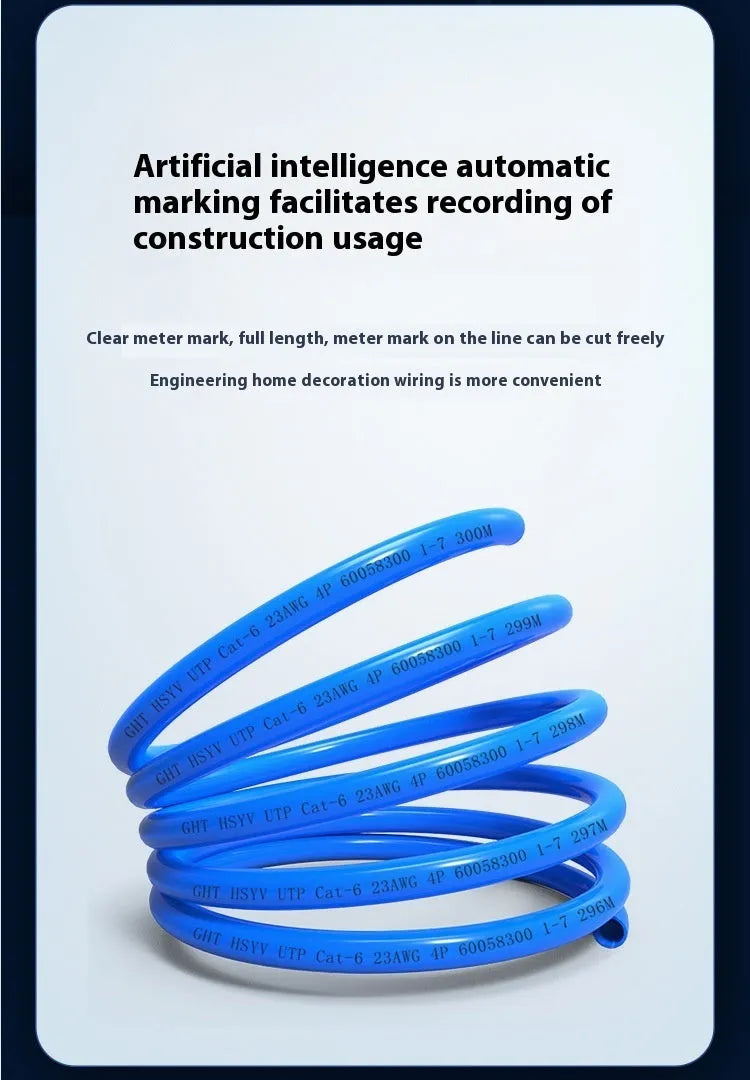 Blue oxygen-free copper Cat6 ethernet cable on a 305-metre reel