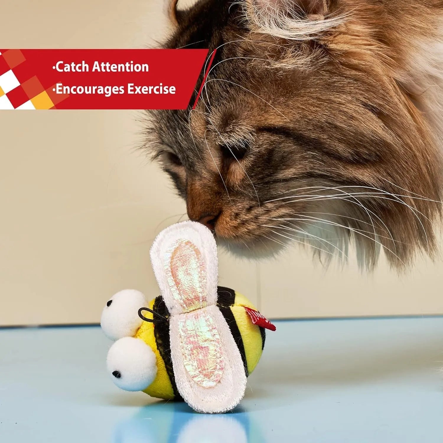 Yellow bee-shaped electronic cat toy with flannelette fabric and motion-activated squeaking