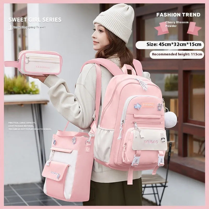 Waterproof pink Oxford cloth school backpack for girls with curved shoulder straps