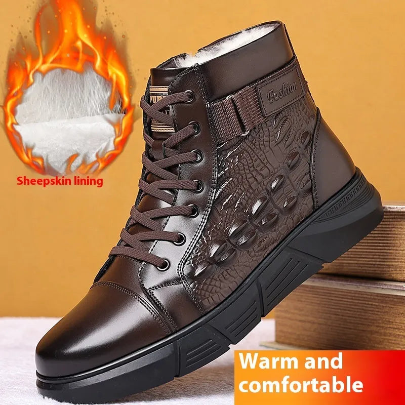 Genuine leather winter boots with snow cotton fur lining and rubber sole in black velvet style