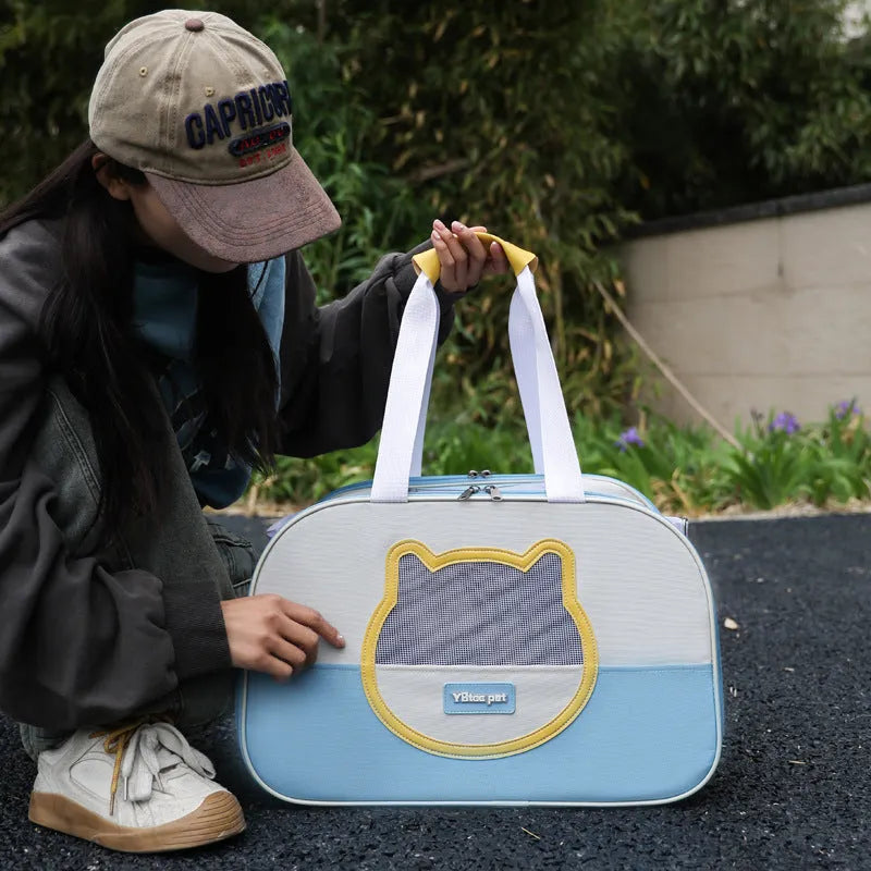 Blue foldable outdoor cat school backpack made from Oxford cloth for pet transport