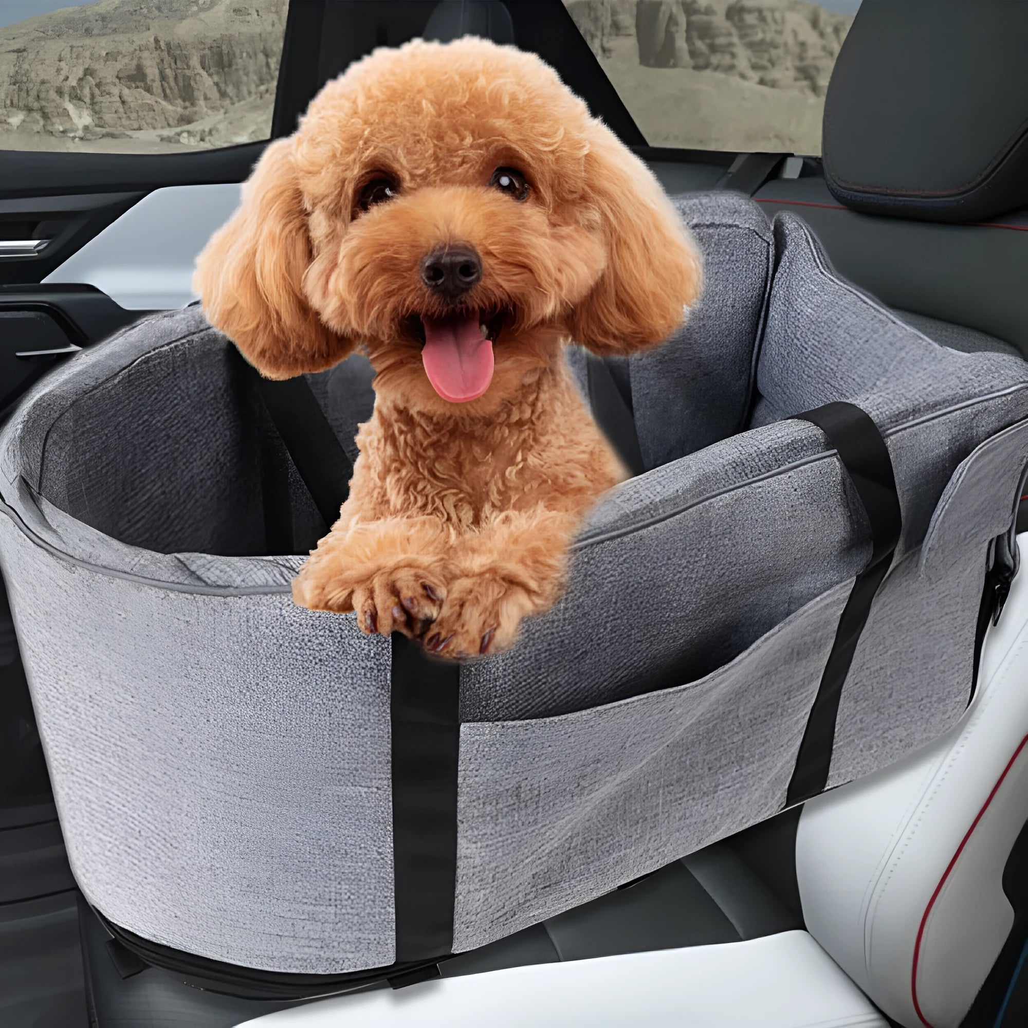 Outdoor cloth dog kennel in a choice of grey, blue, red, or grey mesh colour, shown in a garden setting.