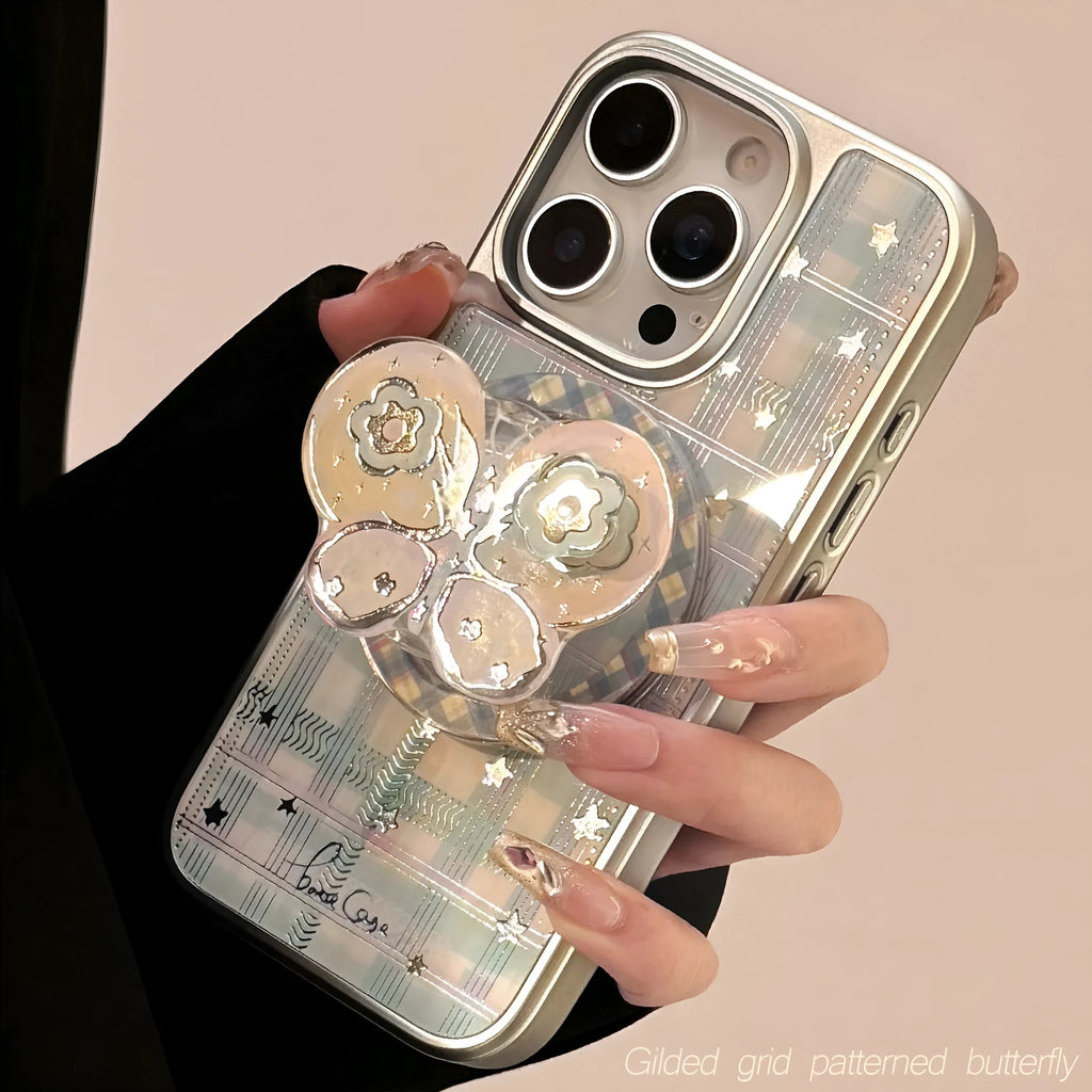 Gilding phone case with rotating bow magnetic bracket in silver edge magnetic green grid yellow and pink star.
