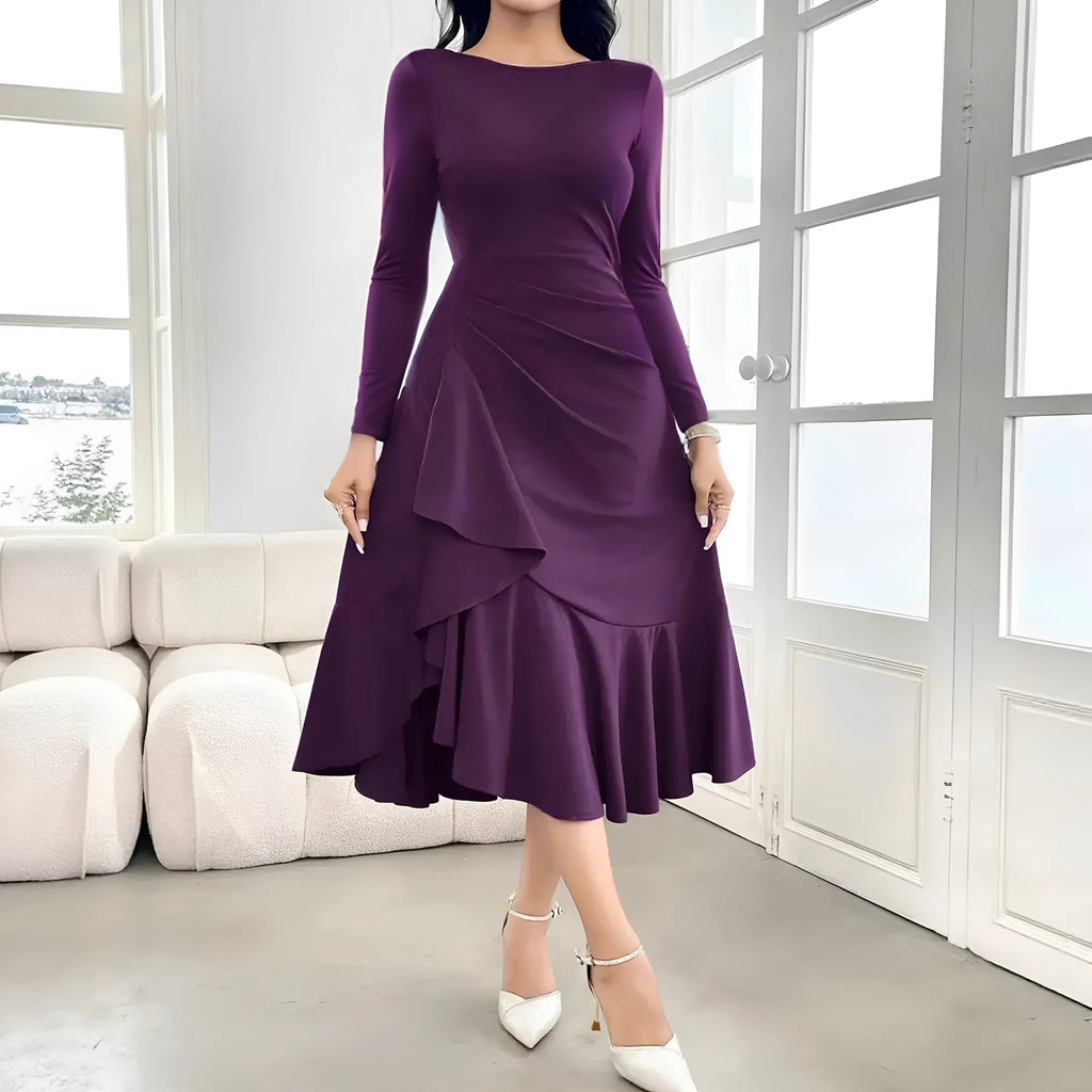 Purple women's long sleeve round neck dress with mid waist and ruffle detail.