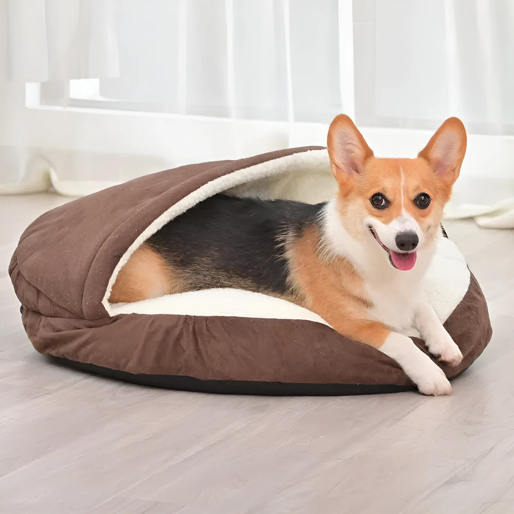 Brown removable cloth dog kennel bed shown next to a grey version, both in small and medium sizes.