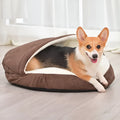 Brown removable cloth dog kennel bed shown next to a grey version, both in small and medium sizes.