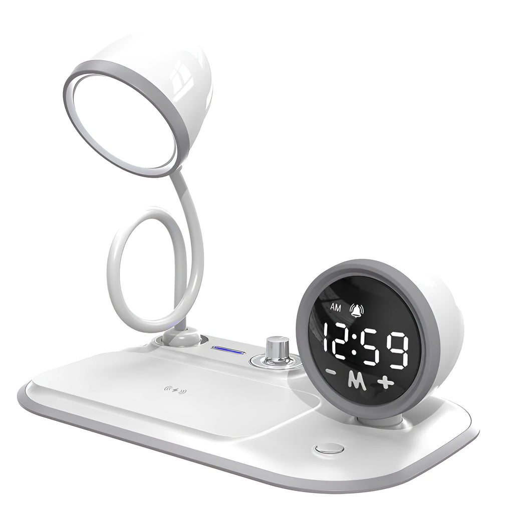 White three-in-one desk lamp showing digital clock display, wireless charging pad, and adjustable LED lighting