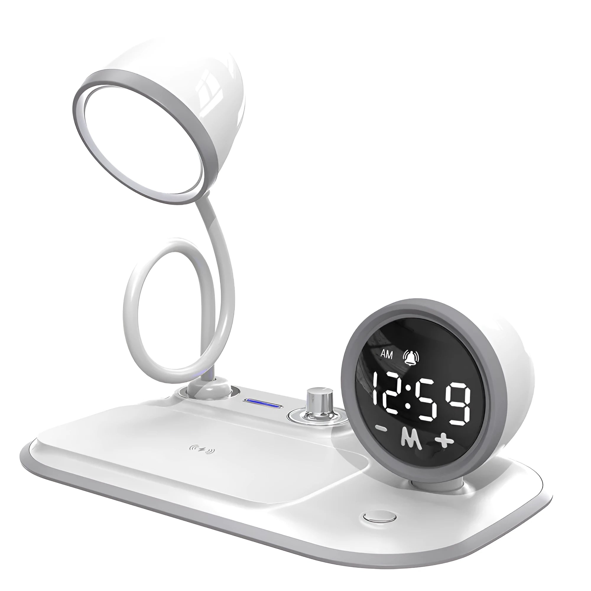 White three-in-one desk lamp showing digital clock display, wireless charging pad, and adjustable LED lighting