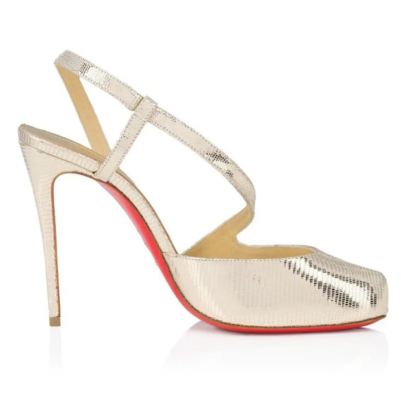 Women's low-cut toe cap stiletto heels with cross strap hollow design, ankle buckle, microfiber upper and rubber sole, black and black bottom colour.