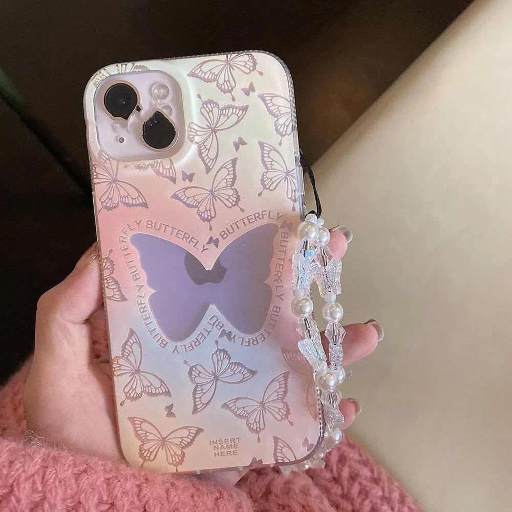 Laser gradient butterfly women's TPU phone case on iPhone 13, showing butterfly pattern and chain option