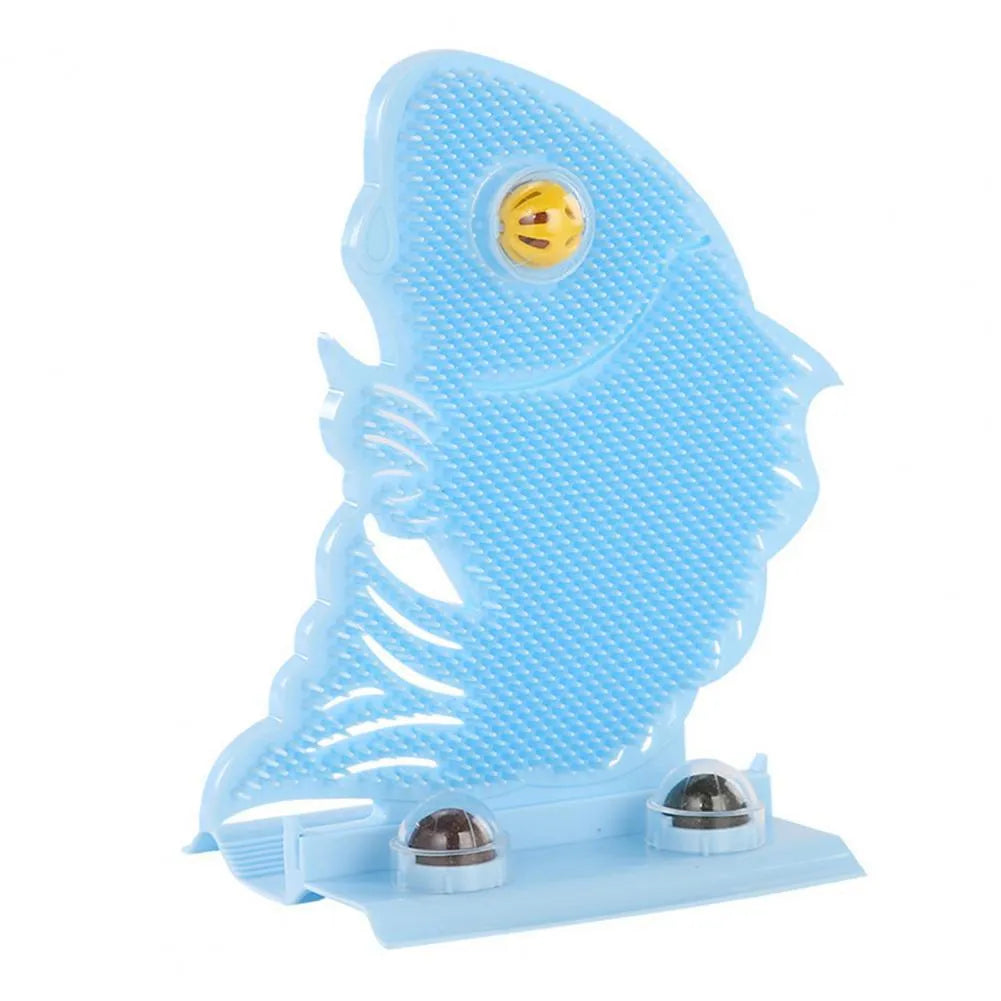 Blue, grey, or pink plastic fish-shaped cat wall scratcher toy set with catnip balls and a bell.