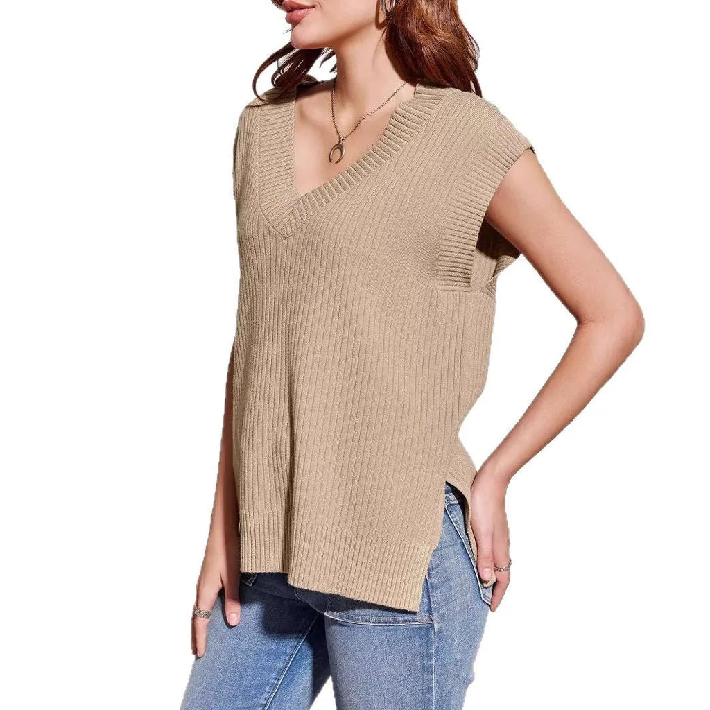 Women's V-neck sleeveless pullover vest in camel colour viscose fibre fabric