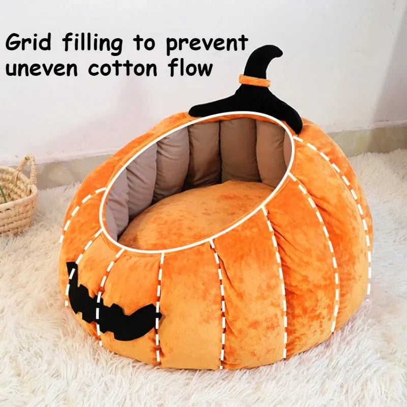 Halloween pumpkin cat bed with cartoon devil design in soft plush material