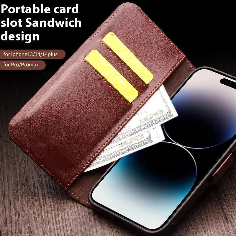 Genuine leather magnetic flip cover for iPhone 14 with card slot and kickstand in black colour
