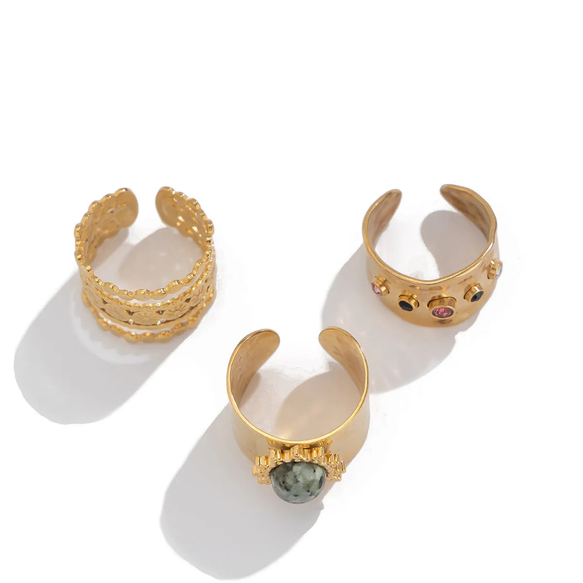 European and American retro micro-inlaid wide face ring set for women in light gold, open mouth alloy construction